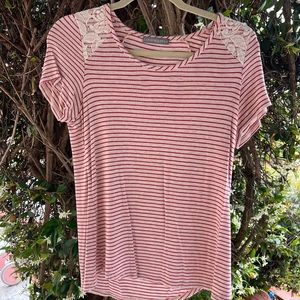 Red & beige striped shirt with lace shoulder detail